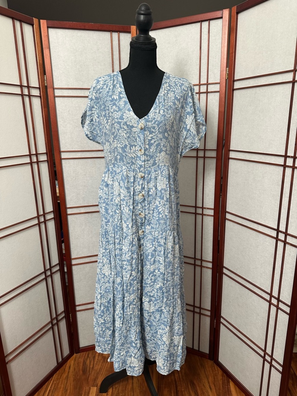 Blu Pepper Light Blue Floral Button-Front Midi Dress
